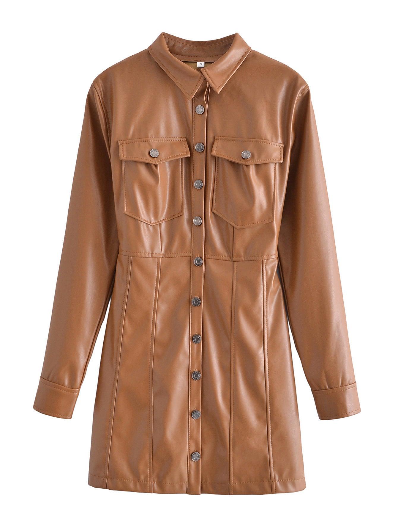 Brown faux leather long sleeve dress with button-front and chest pockets for a stylish look