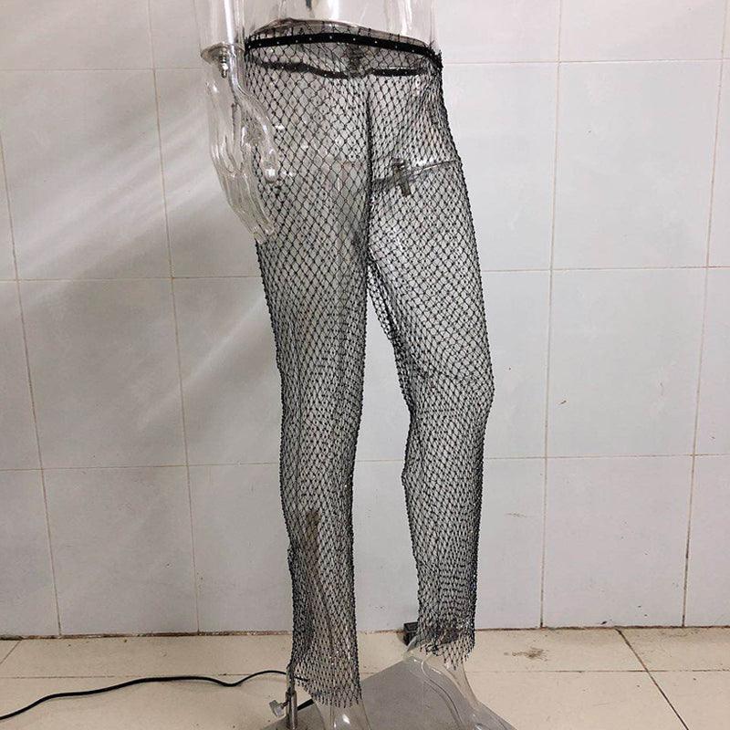 Dazzling Rhinestone Mesh Pants for Stylish Outfits displayed on a mannequin against a white background