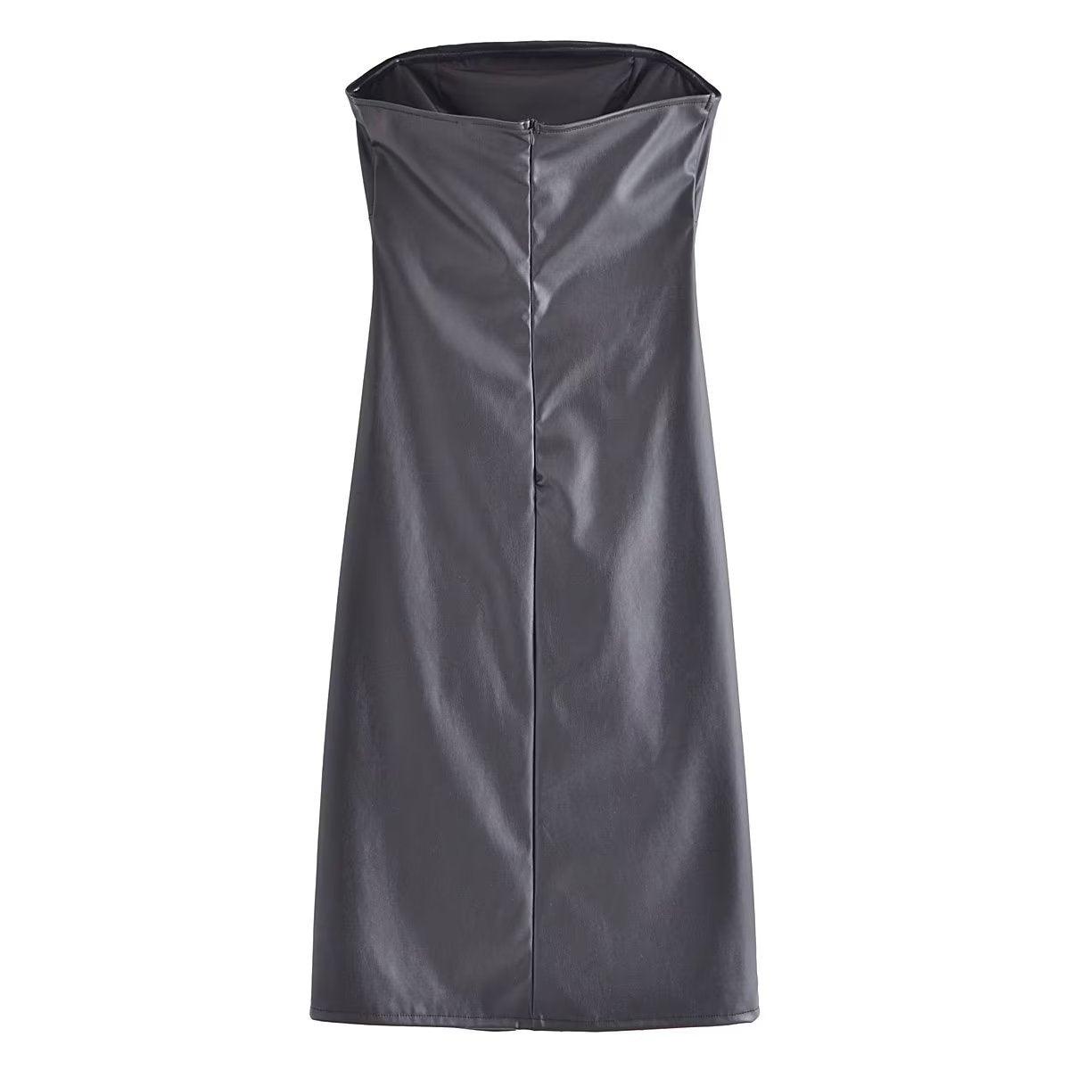 TRAF drawstring faux leather dress in dark gray with a sleek design and modern silhouette