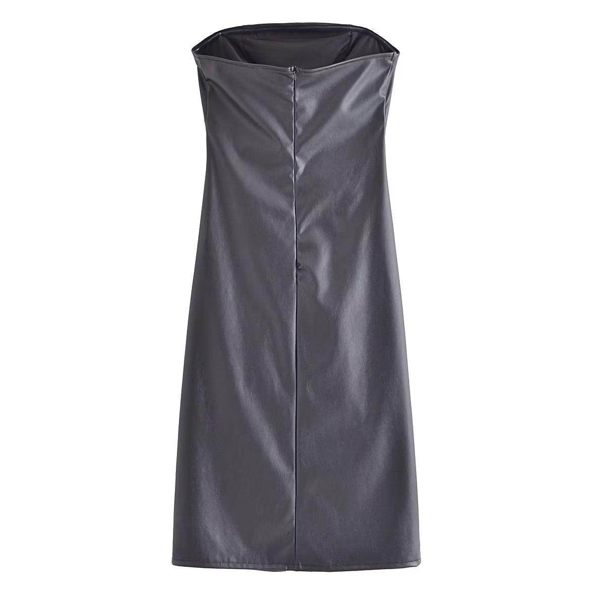 Drawstring Ruffle Faux Leather Dress - Your Shiny Clothes