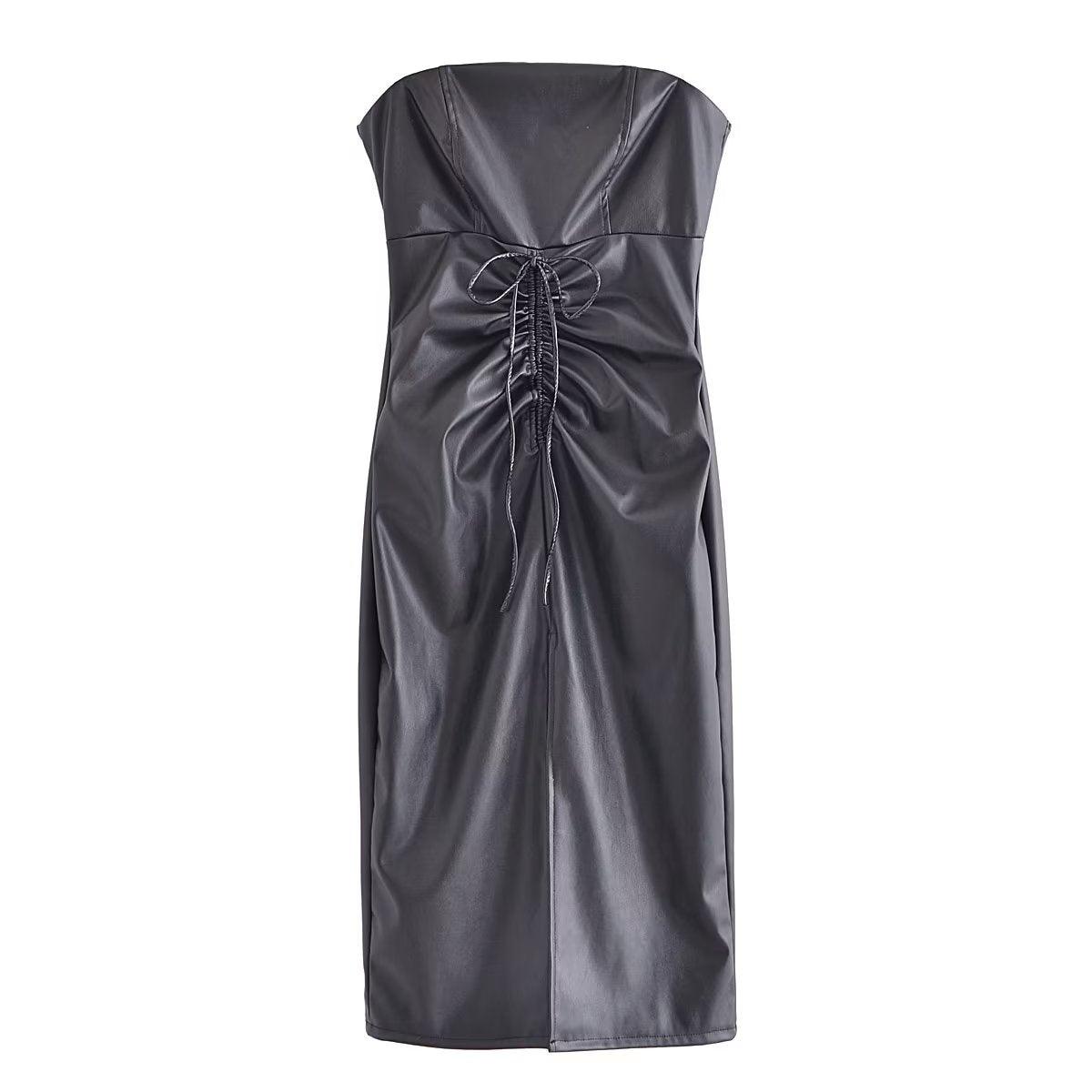 TRAF drawstring faux leather dress with a structured design and elegant ruched detailing