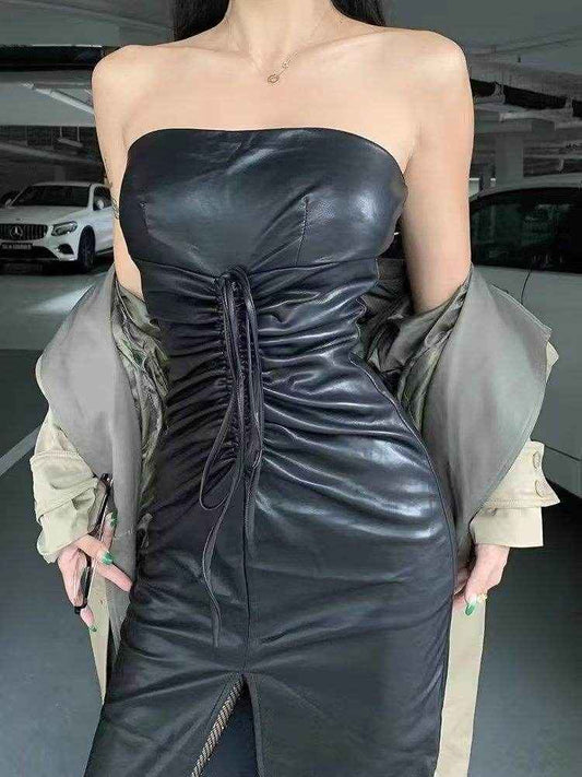 Drawstring Ruffle Faux Leather Dress