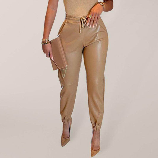 Women's Solid Color Faux Leather Drawstring Pants - Your Shiny Clothes