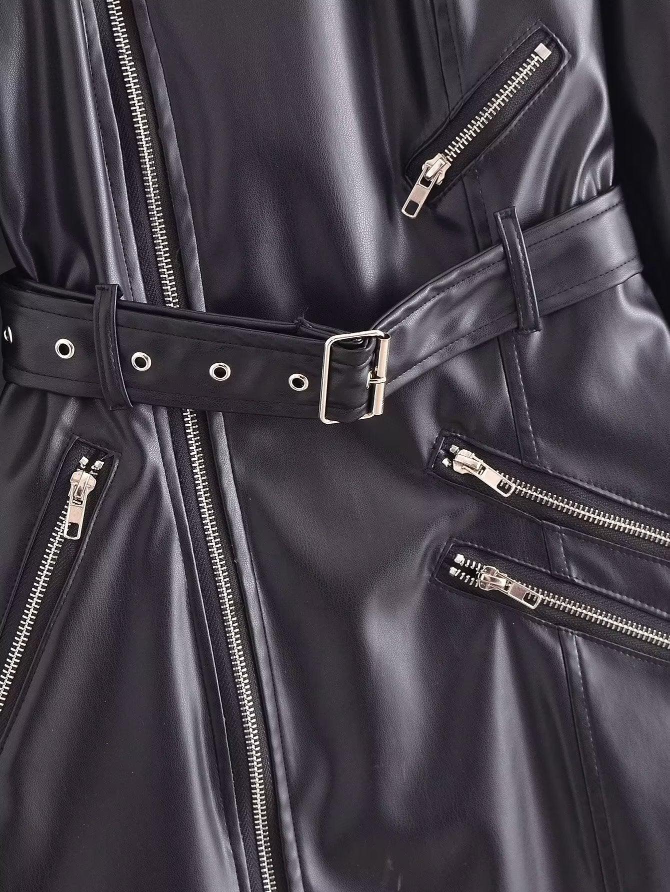 TRAF faux leather blazer dress with stylish zippers and a belted waist for a modern look
