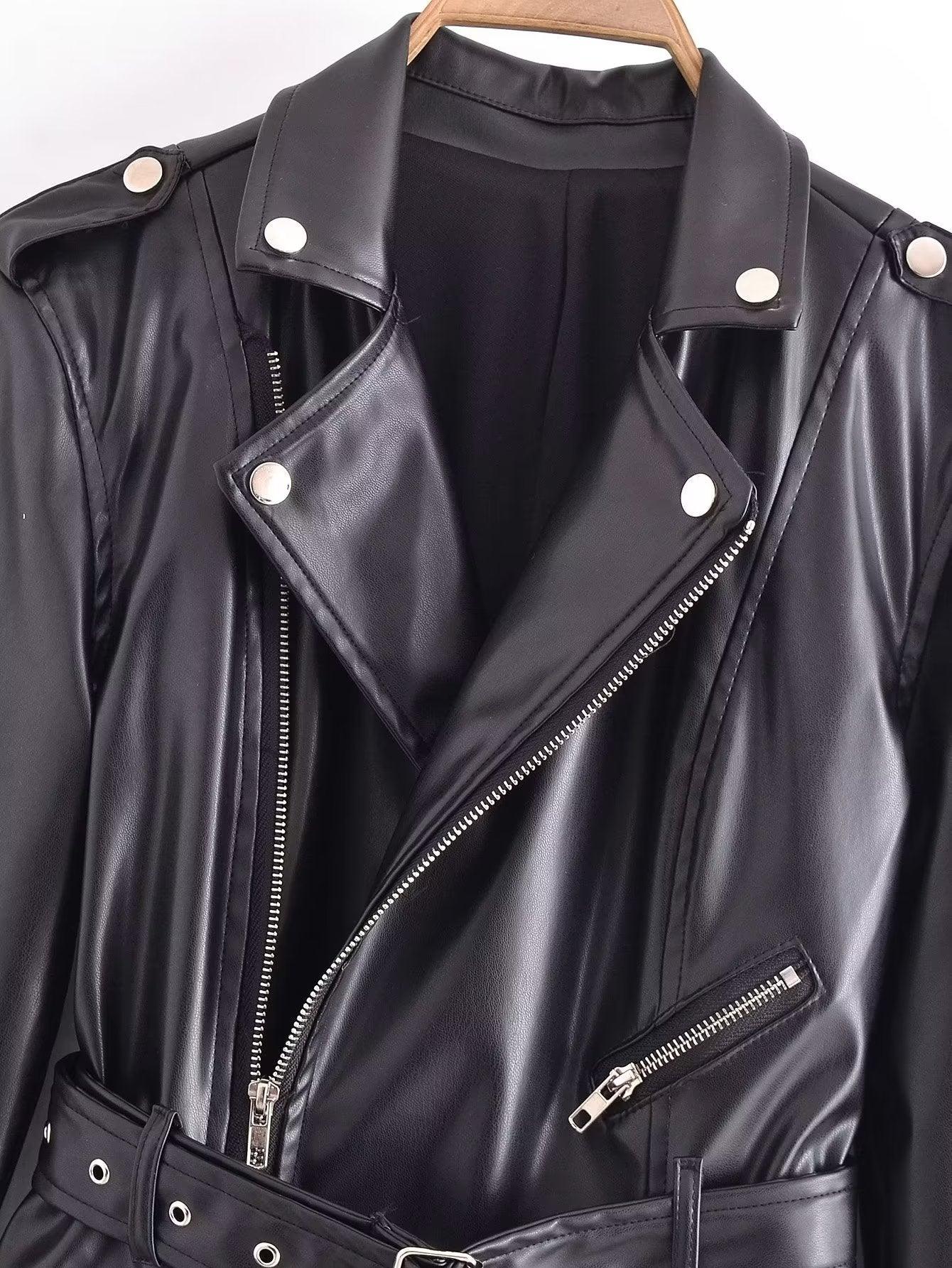 Stylish TRAF faux leather blazer dress with silver hardware and belted waist detail