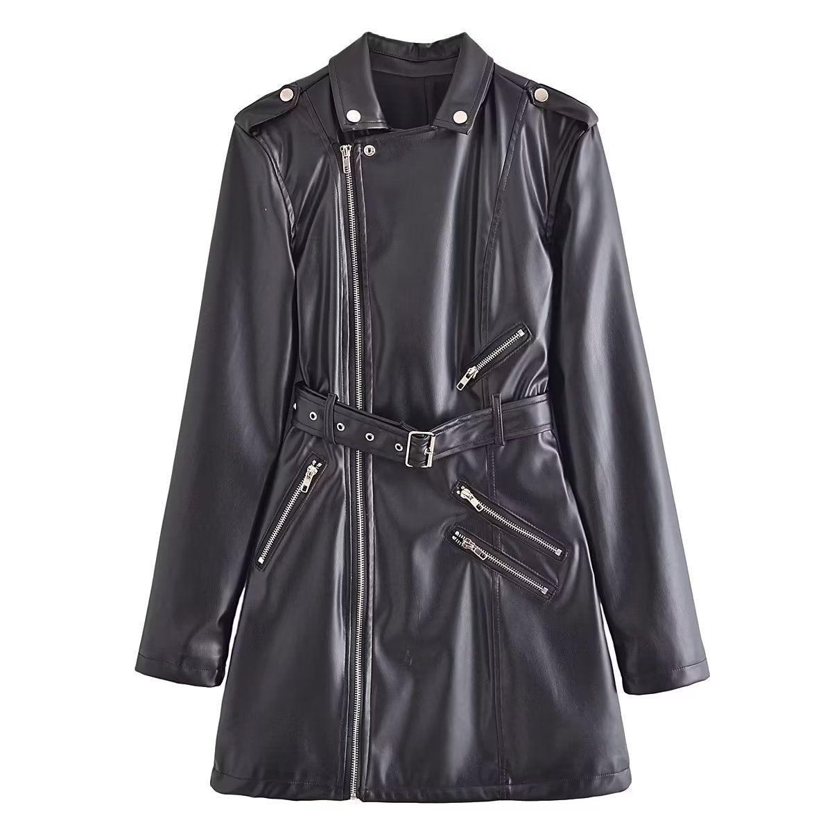 TRAF faux leather blazer dress with zippered pockets and belted waist for a stylish look