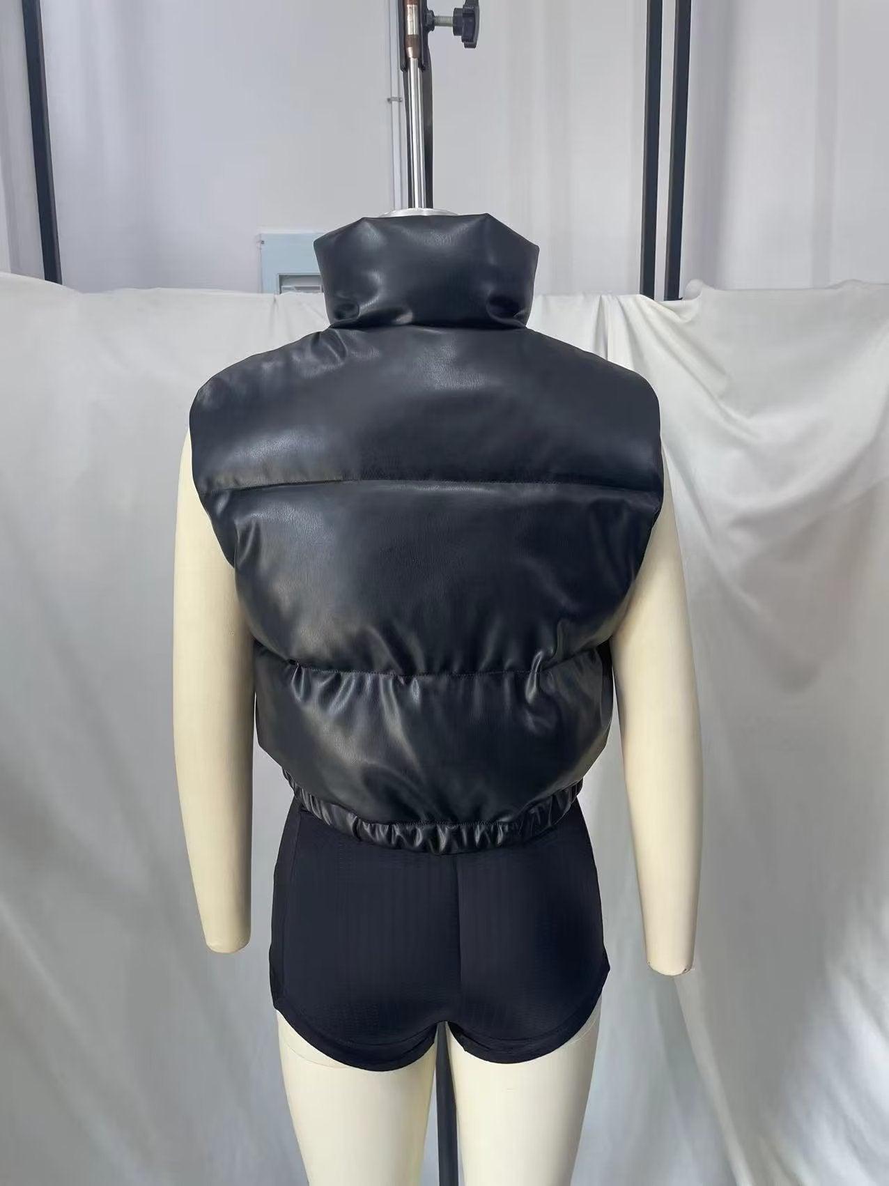 Back view of a TRAF faux leather body warmer with a cinched waist designed for trendy layering