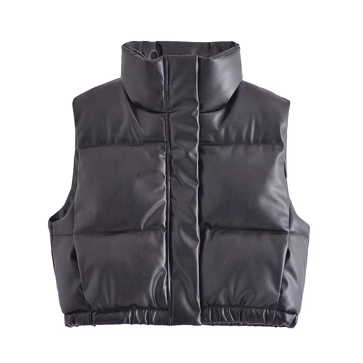 TRAF faux leather body warmer with a stylish high collar and padded design for added comfort