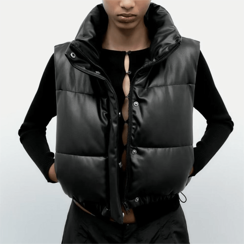TRAF Black Faux Leather Body Warmer with Stylish Padded Design and High Neck Collar