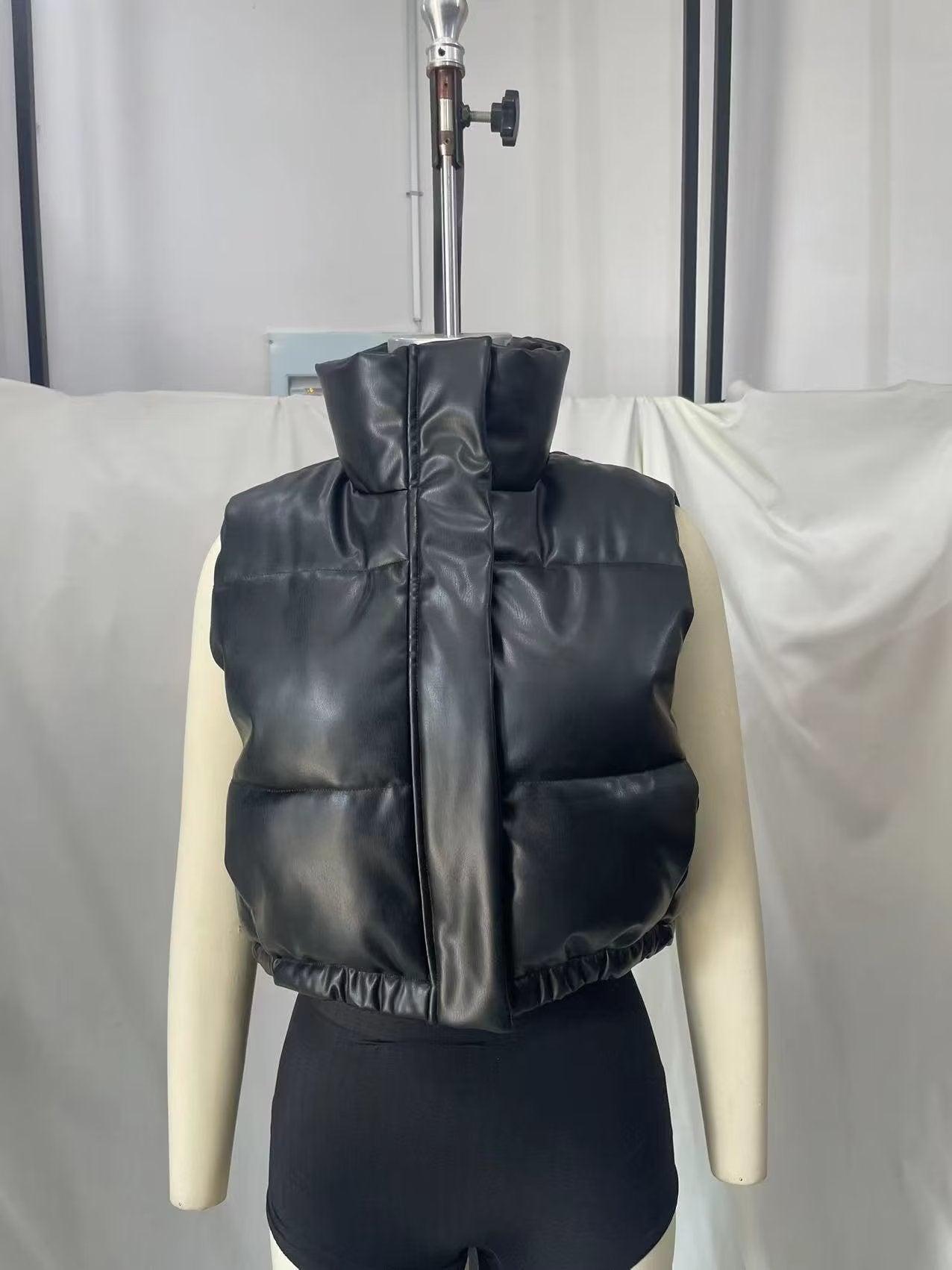 TRAF faux leather body warmer with cropped design and padded fabric for stylish layering