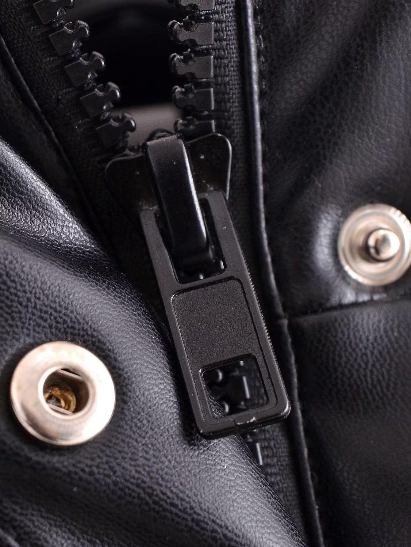 Close-up of black zipper and snap buttons on faux leather body warmer by TRAF