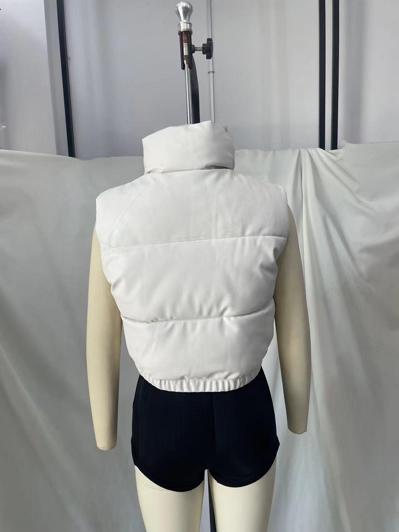 TRAF Faux Leather Body Warmer in White with a Stylish Cropped Design and High Neck