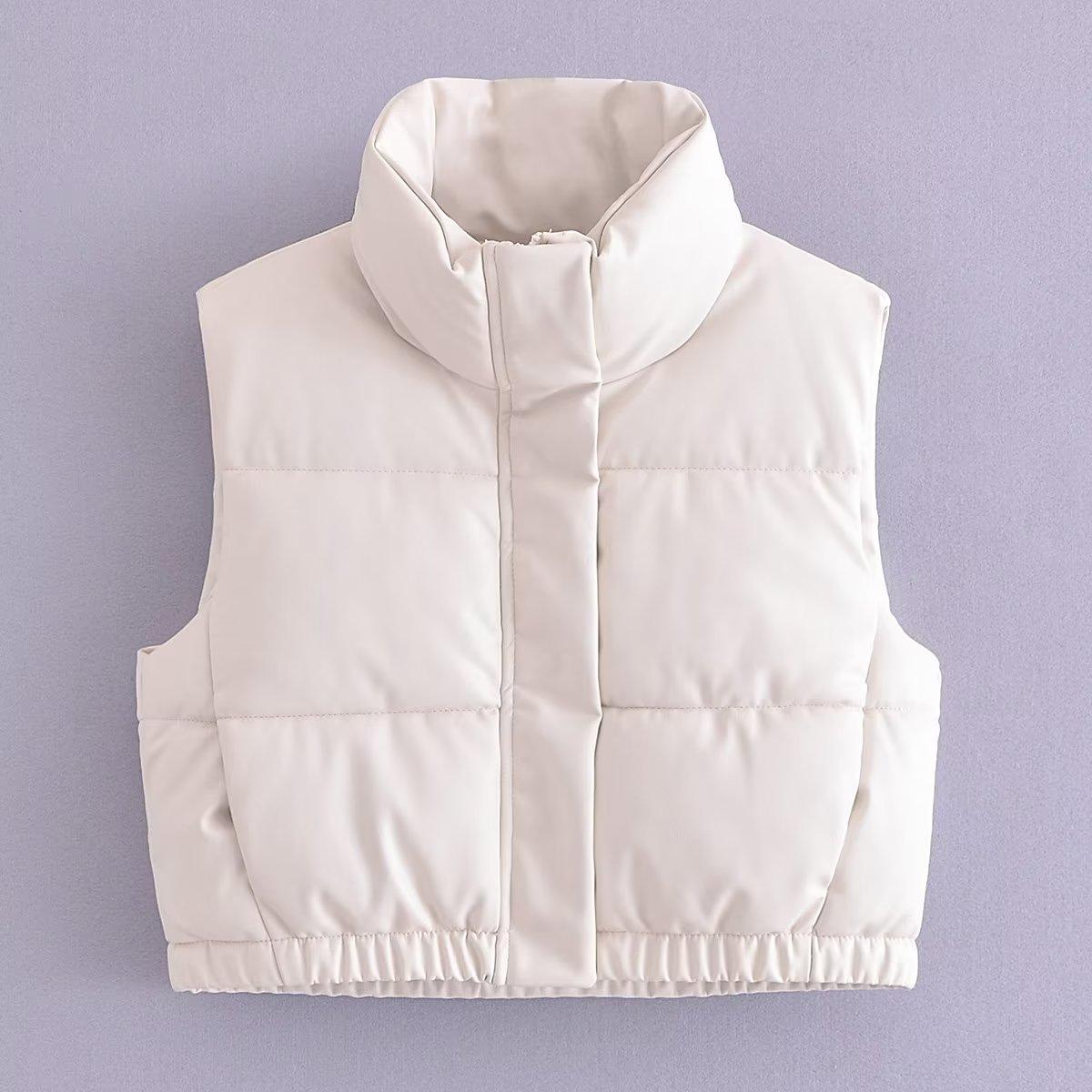 Cream TRAF faux leather body warmer with a high collar and quilted design for stylish layering