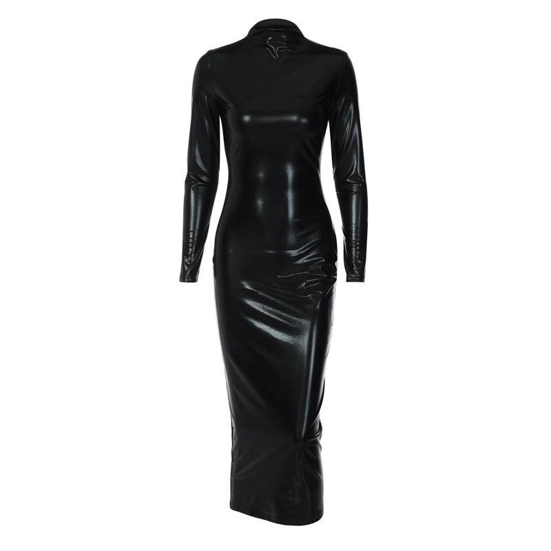 SAFENA faux leather evening dress in black with long sleeves and a sleek fit