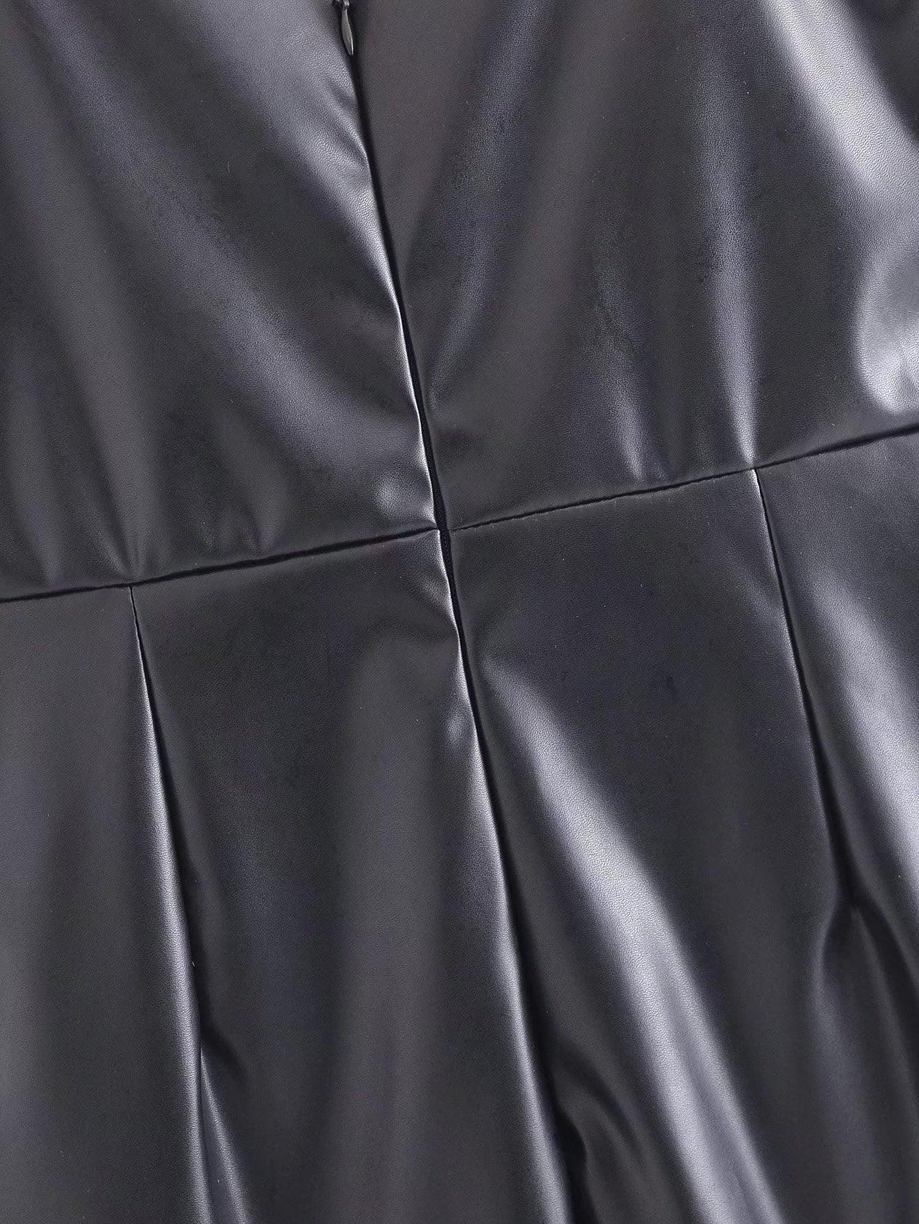 Close-up of TRAF faux leather evening dress showcasing sleek texture and seam details