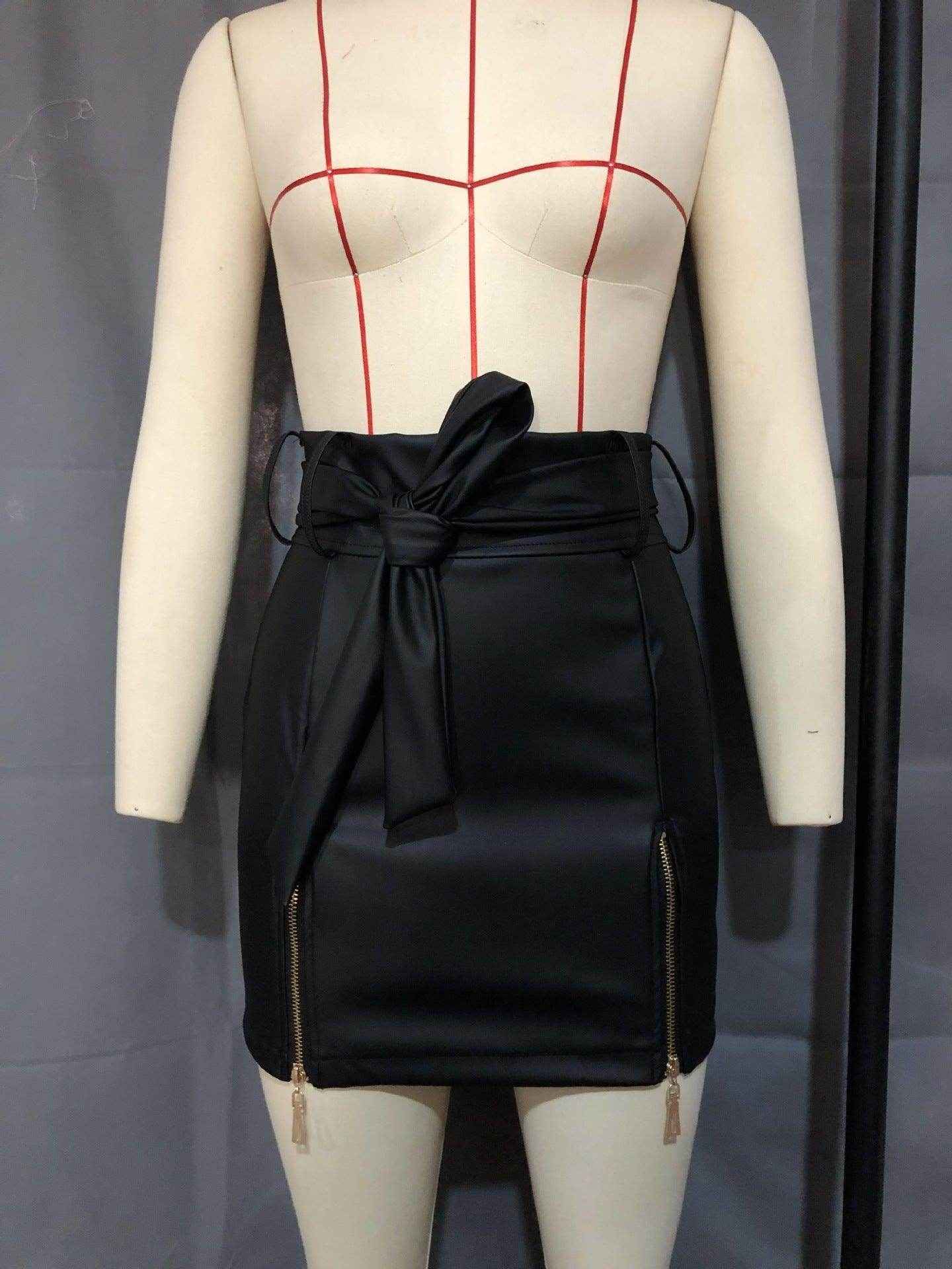 Eedele Faux Leather High Waist Skirt with Bow Detail