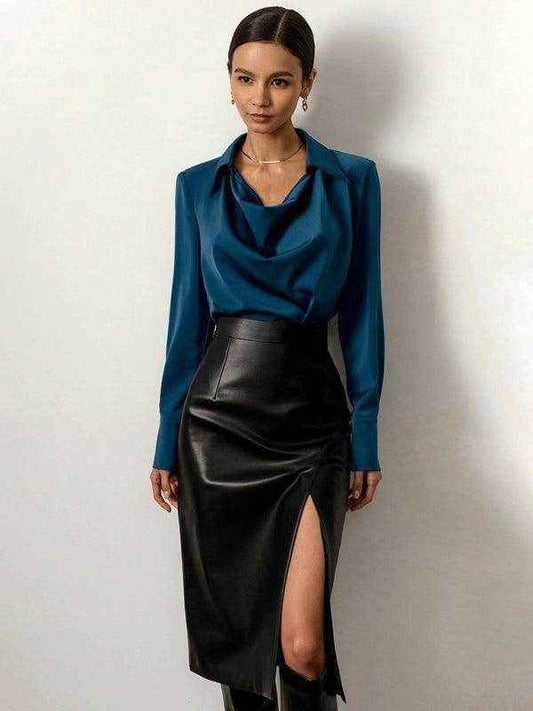 Kakaclo Faux Leather Pencil Skirt with Side Slit - Your Shiny Clothes