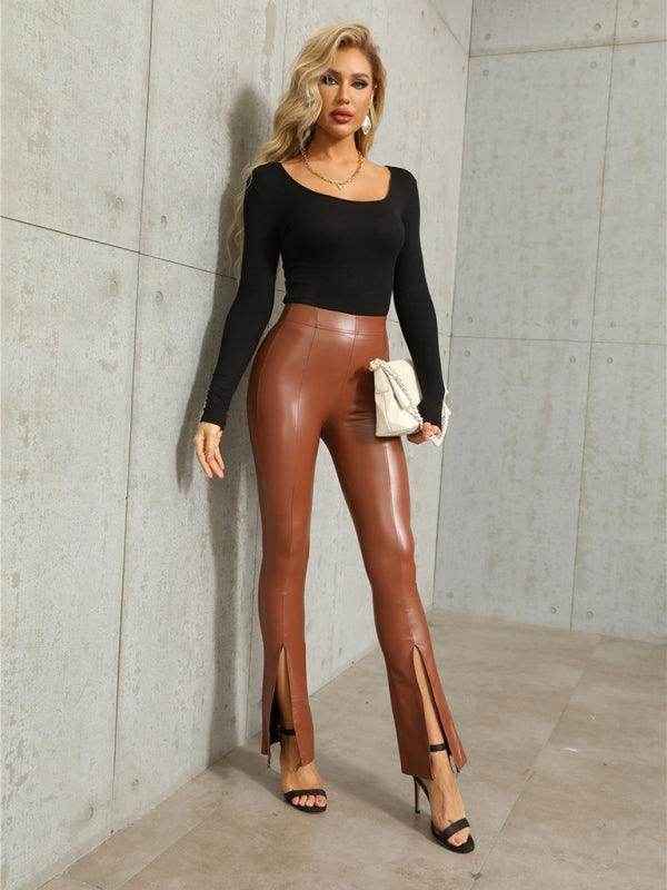 High Rise Faux Leather Pants with Slit - Your Shiny Clothes