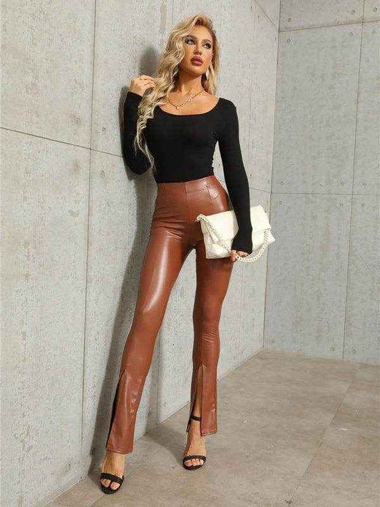 High Rise Faux Leather Pants with Slit - Your Shiny Clothes