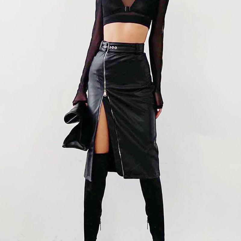 High waist faux leather skirt with a front slit design and stylish zip closure