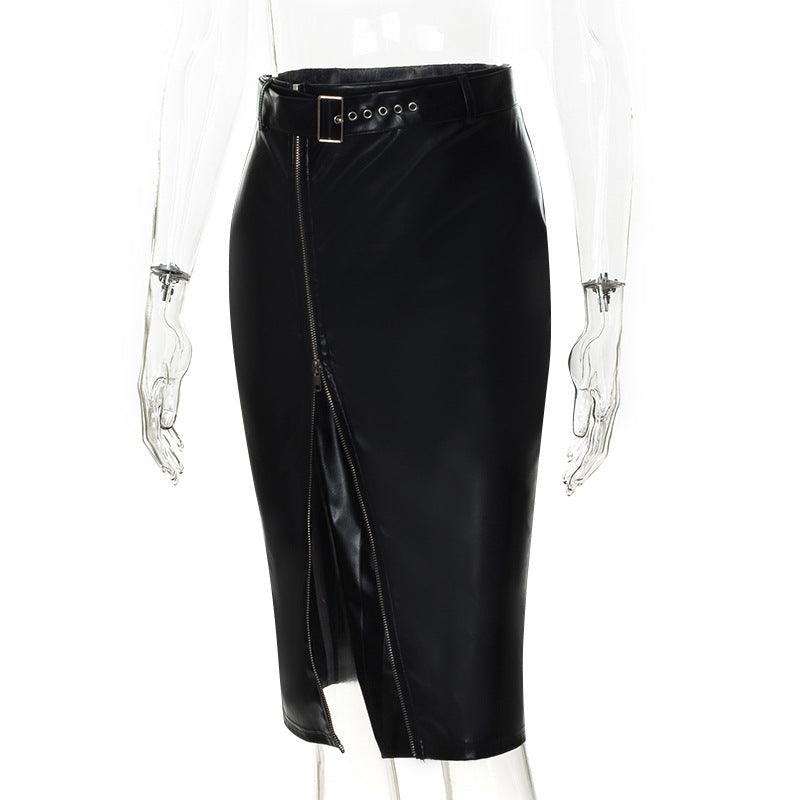 HONEYBADGER high waist faux leather skirt featuring a stylish slit design and buckle details