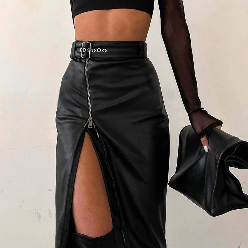 HONEYBADGER high waist faux leather skirt with a front slit and stylish zipper detail