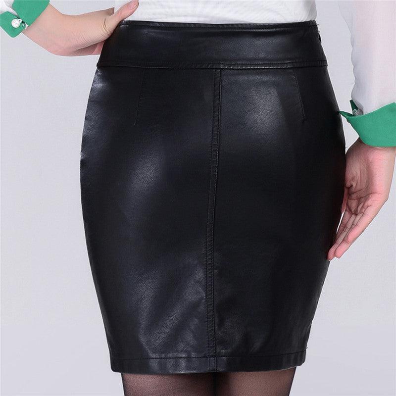 Back view of a SaturdayNight high waist PU leather skirt with a sleek, form-fitting design