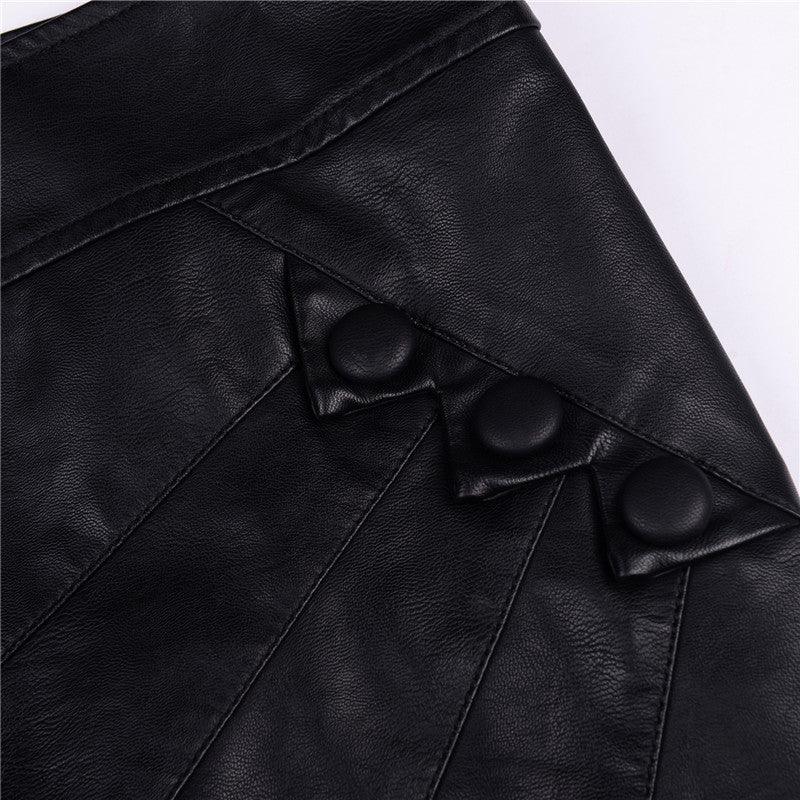 Detail view of a SaturdayNight high waist PU leather skirt showcasing stylish button accents