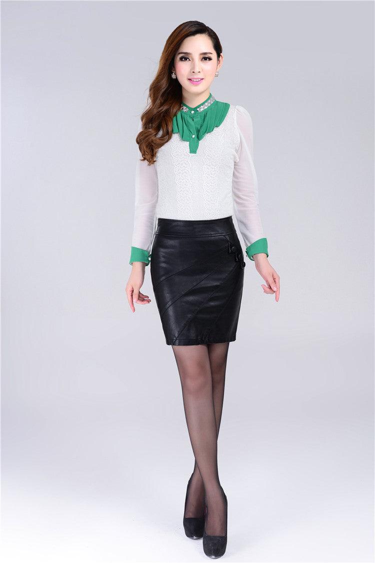 Elegant high waist PU leather skirt paired with a white blouse and green collar for a chic look