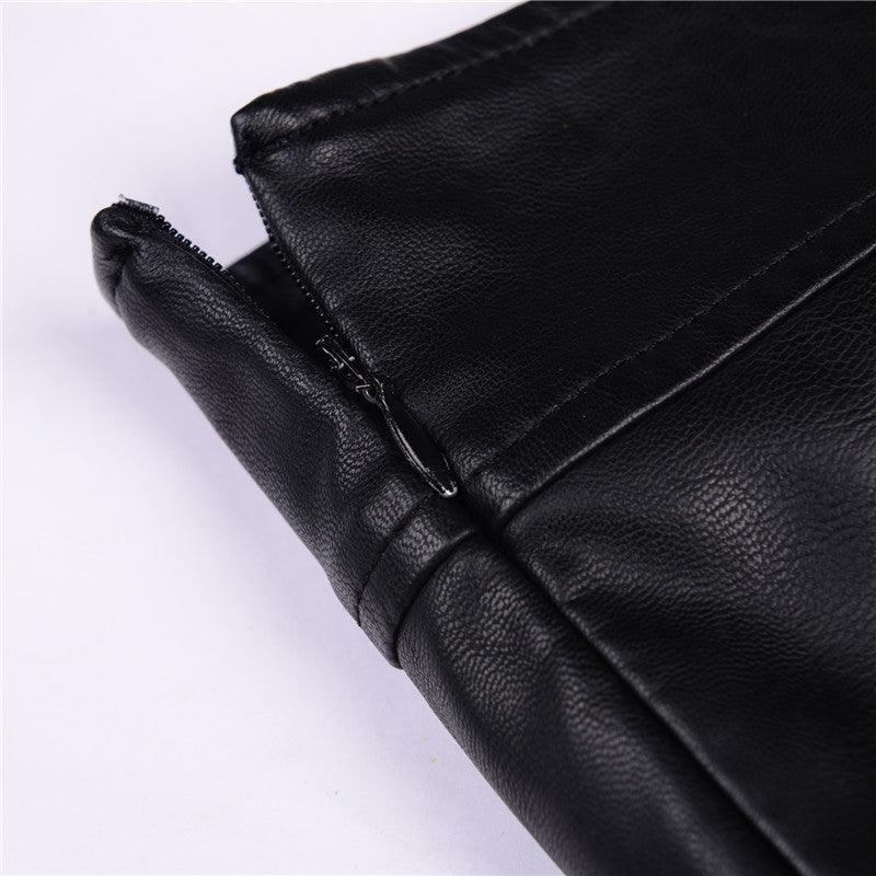 Close-up of a high waist PU leather skirt showcasing the zipper detail and sleek texture