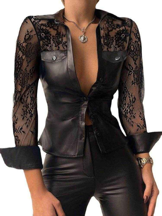 Laced Sleeve Vegan Leather Blouse