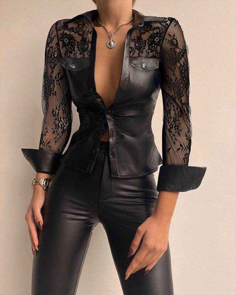 Laced Sleeve Vegan Leather Blouse