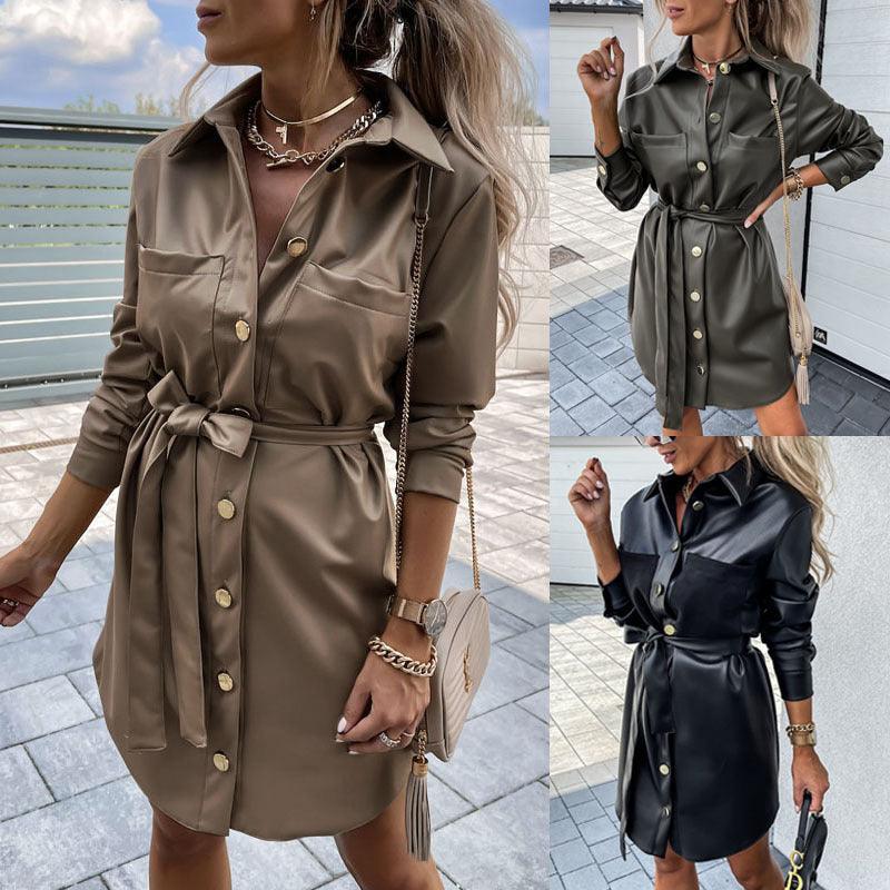 Eedele long sleeve button down dress available in black and olive with a belted waist and button detail