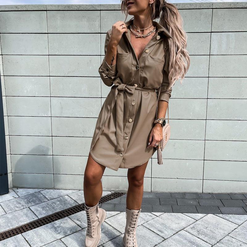 Eedele long sleeve button down dress in khaki with a belted waist for a stylish look