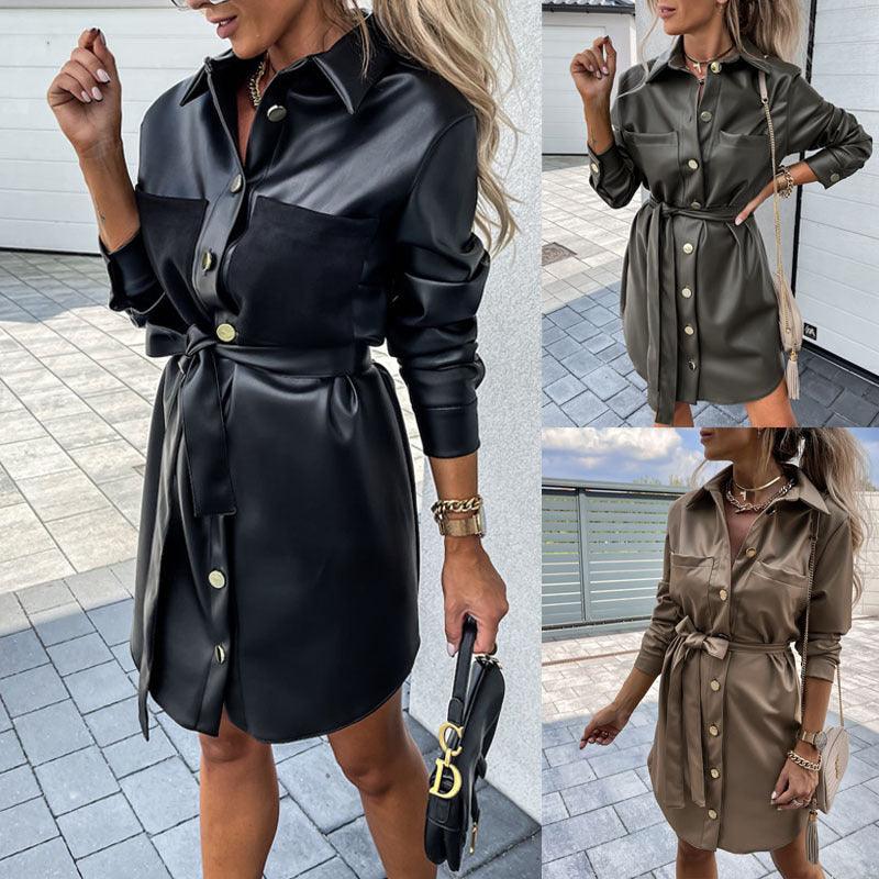 Eedele long sleeve button down dress in black, green, and khaki with a stylish belt detail
