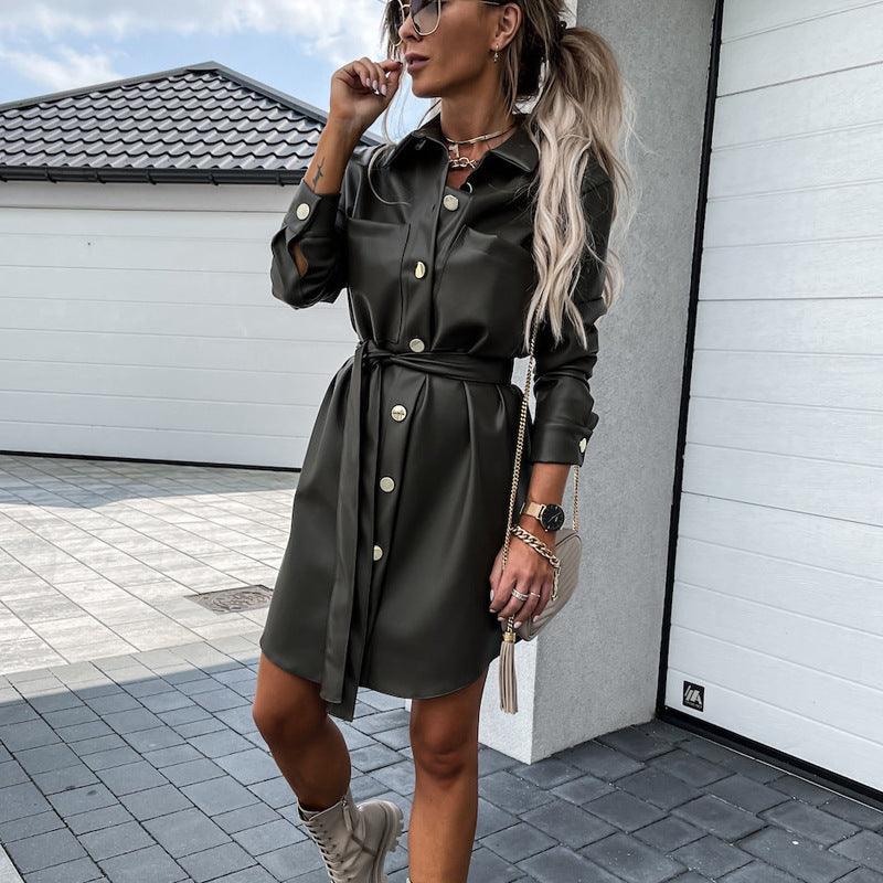 Eedele long sleeve button down dress in olive green with a belted waist and stylish design