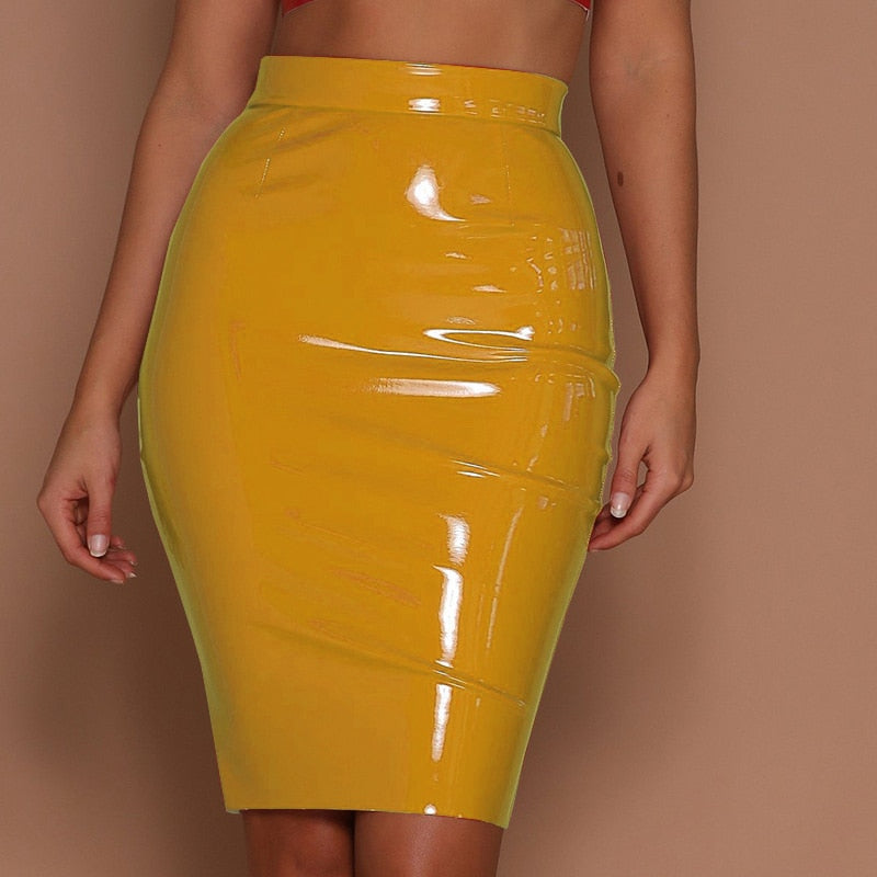 Bright yellow patent leather high waist skirt for a stylish and trendy look