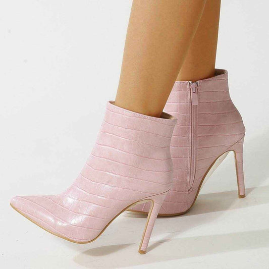 YSC Pointed Toe Ankle Boots in Pink Crocodile Print