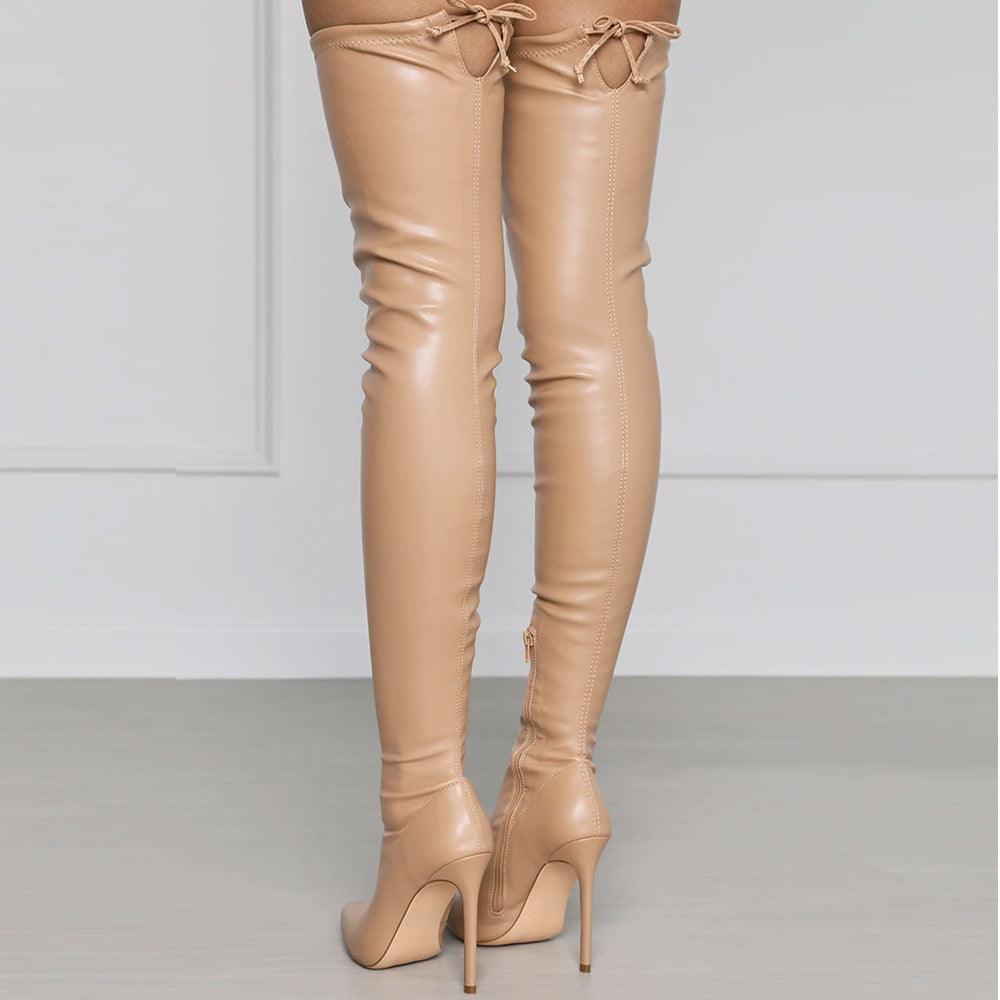 YSC PU leather over the knee boots in beige with stylish high heels and adjustable ties