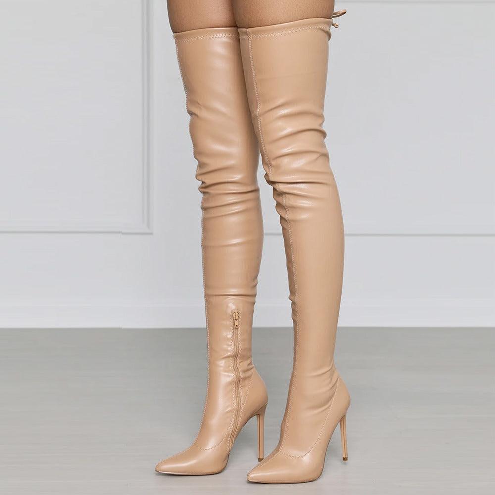 YSC PU leather over the knee boots in beige with sleek design and high stiletto heels