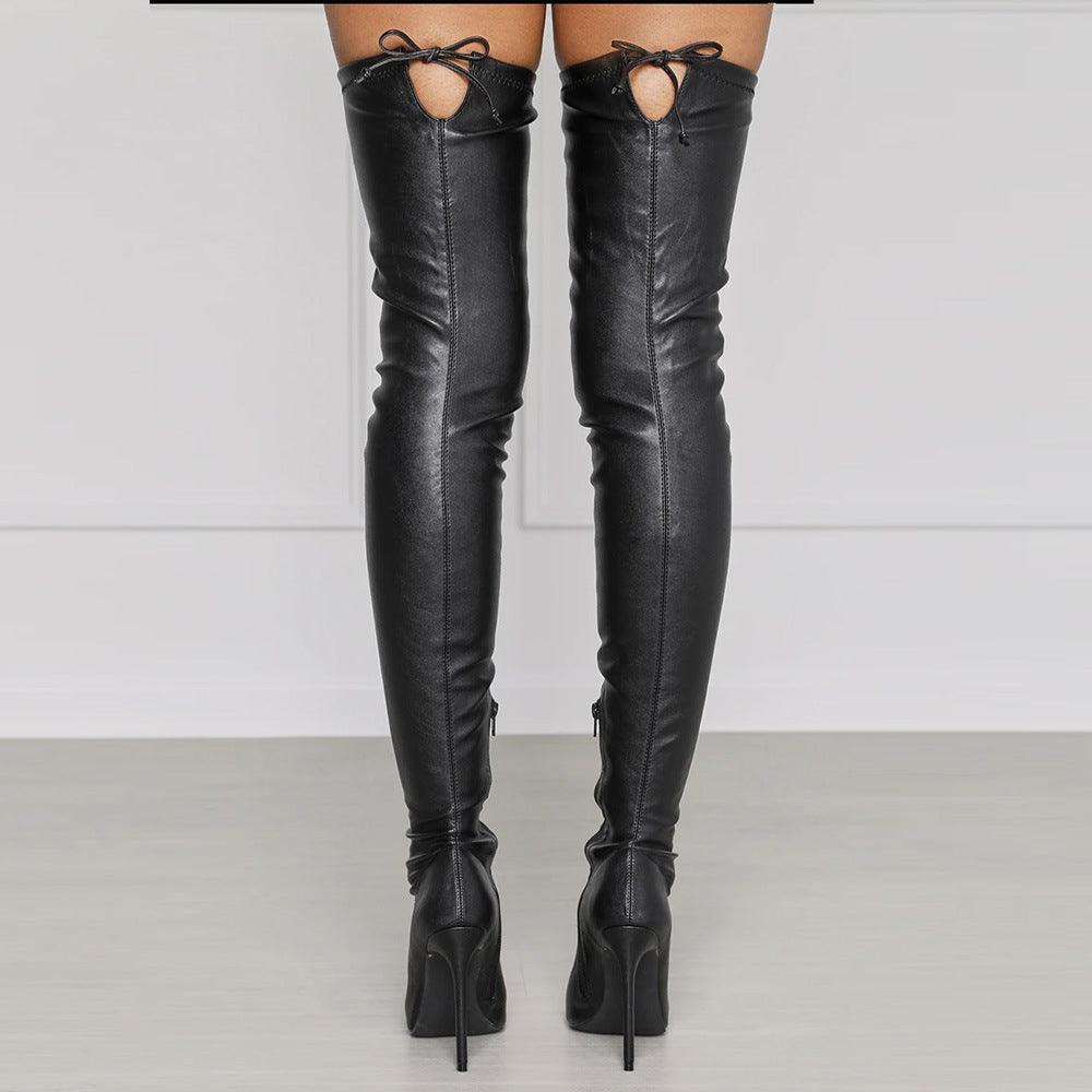 YSC PU leather over the knee boots with lace detail and high heels for a stylish look