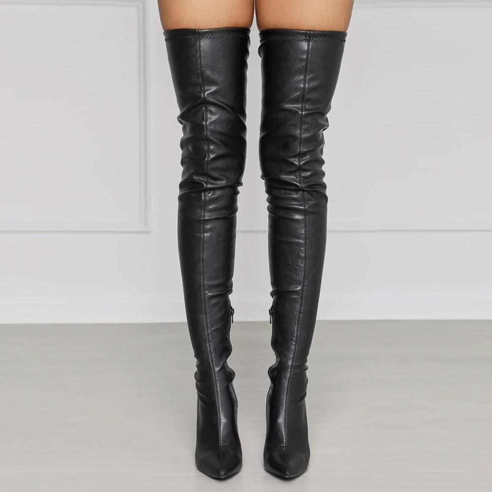 YSC PU leather over the knee boots in sleek black with a stylish pointed toe design