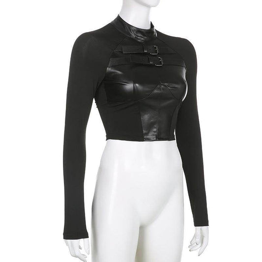 PVC Leather Cropped Top with Long Sleeves - Your Shiny Clothes