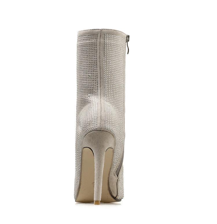 Beige YSC rhinestone ankle boots with a sleek design and high heel for stylish looks