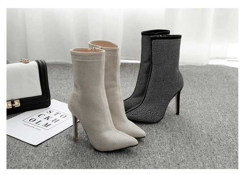 YSC rhinestone ankle boots in black and beige with stylish pointed toes and high heels