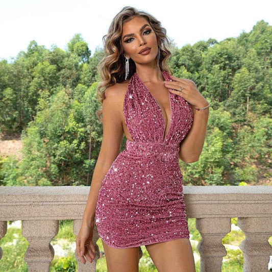 Sequined Backless Hip Dress - Glamorous Evening Style