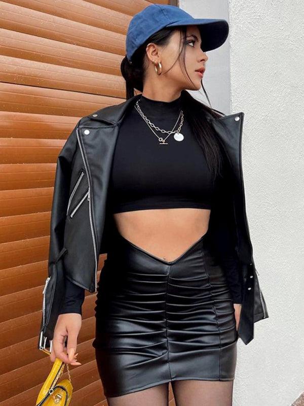 Kakaclo vegan leather ruched skirt styled with a black top and leather jacket for a chic look