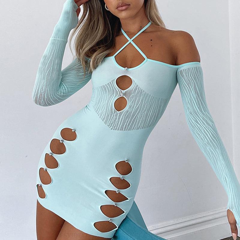 Eedele candy coloured cutout dress in light blue featuring stylish side cutouts and long sleeves