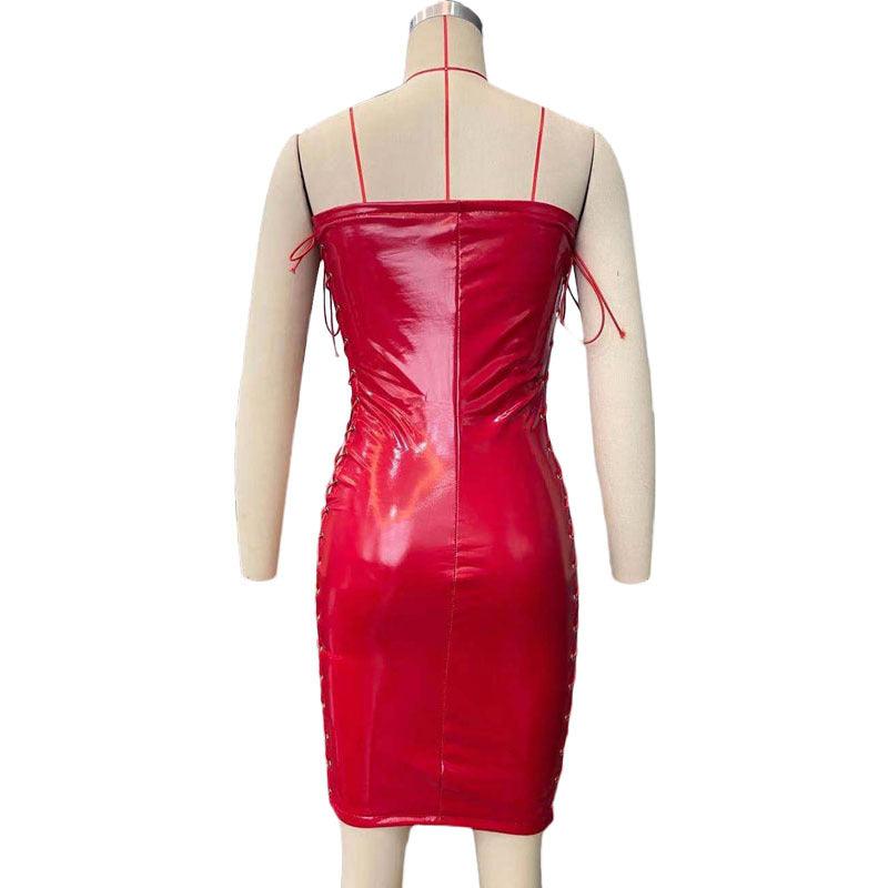 Eedele wet look lace up dress in red with a fitted design and adjustable straps for a stylish appearance