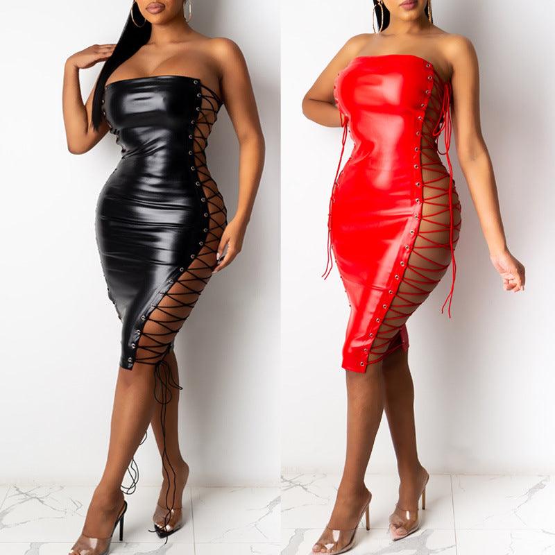 Eedele wet look lace up dress in black and red with stylish lace-up detailing on the sides